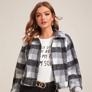 SHEIN Zip-Up Plaid Teddy Jacket